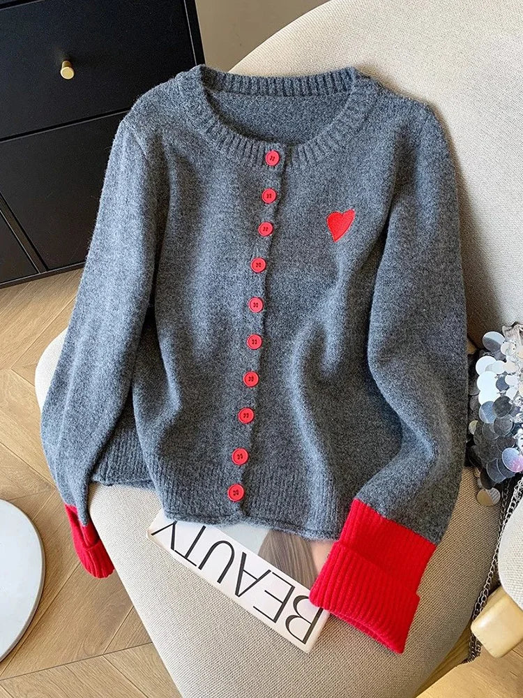 Bxoxo Vintage Love Print Cardigan Women Lazy Wind Patchwork Long Sleeve Knitted Sweaters Casual O Neck Fall Retro Korean Female Tops