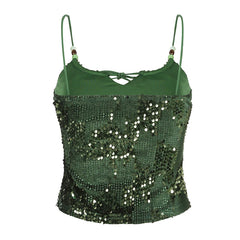 BXOXO Summer Party Sequin Camis y2k Retro Green Sleeveless Lace-up Skinny Crop Top for Women Vintage 2000s Strap Tees Aesthetic