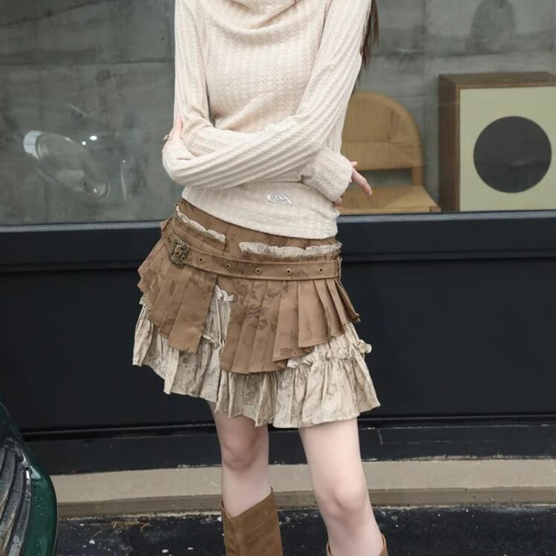 BXOXO New wasteland style street fashion ins retro old heavy industry depressed two-piece pleated women skirt goth skirt