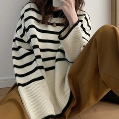 BXOXO Women Striped Loose Warm Sweater O-Neck Long Sleeve Thicken Knitted Pullovers Casual Sweater For Women Autumn Winter