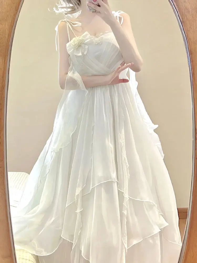 Bxoxo Summer Fairy White Dress Women Slim Fit Maxi, French Ruffle Long Dress Beach Elegant Goddess Style Outfit