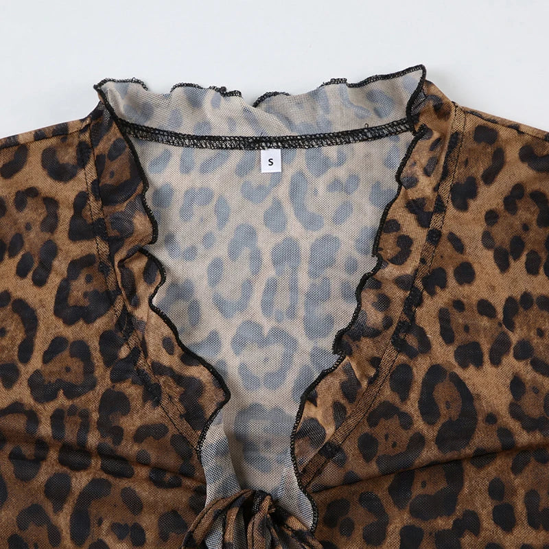 Bxoxo Leopard Shirt y2k Clothing Women Front Tie-up Ruffled Trim Flared Long Sleeve Mesh Blouse Top Grunge Clothes Streetwear