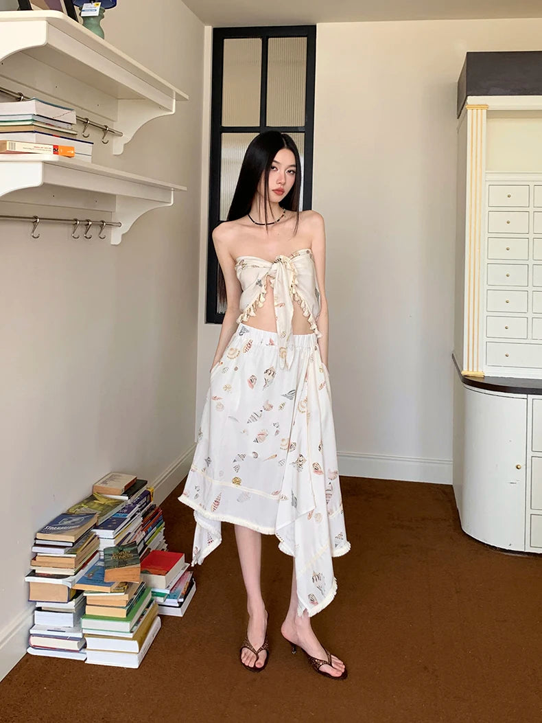 Bxoxo Ocean Seashell Vacation Summer Outfit 2 Pieces Set For Woman Tassels Tube Top And Skirt Set Beach Holiday Outfit 2025