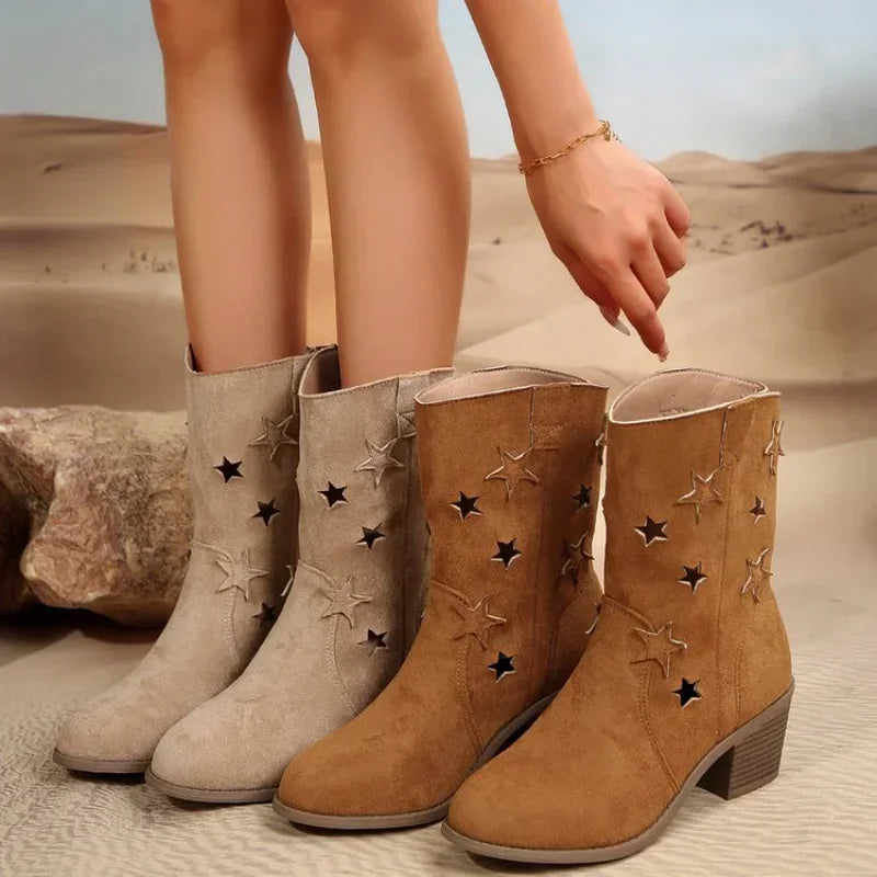 BXOXO Women's Summer Retro Round Toe Chunky Heels Vegan Suede Western Boots with Hollow Design and Rivets Cowboy Boots Shoes