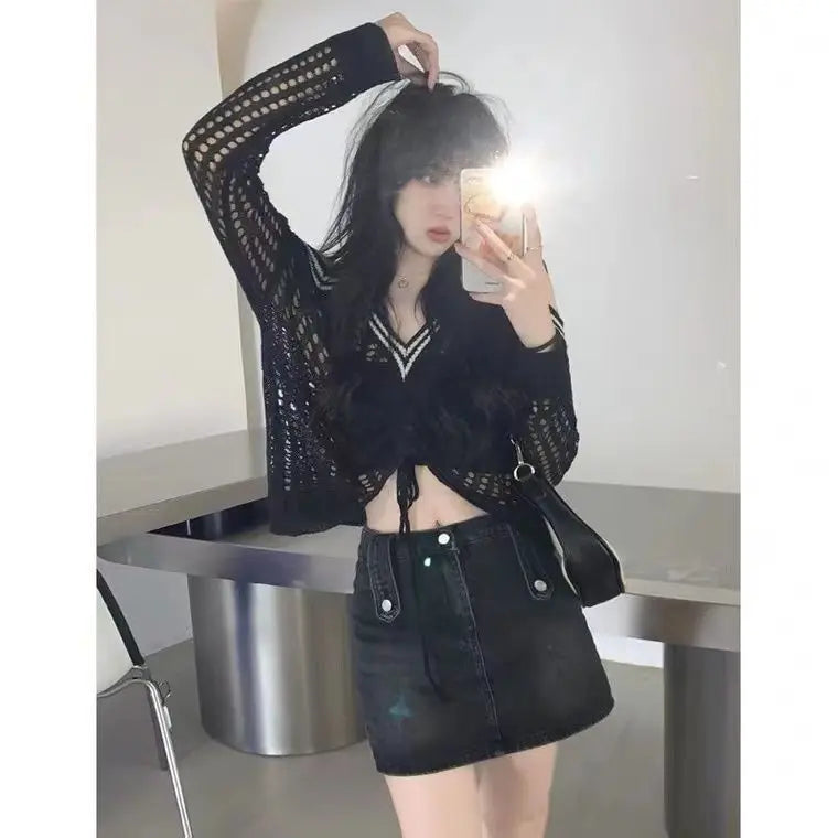 Bxoxo Off Shoulder Hollow Out Shirts Blouses Elegant and Youth Woman Blouse Drawstring Knitted V Neck Tops Vintage Y2k 2022 Fashion