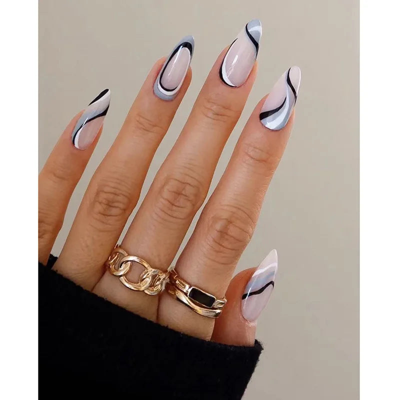 Bxoxo 24P French Oval False Nails Girls White Edge Design Nude Color Wearable Press on Nail Full Cover Short Acrylic Almond Fake Nails