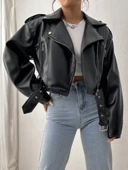 Bxoxo Spring Autumn Casual Women Lapel Zipper Faux PU Leather Jacket Female High Street Motorcycle Leather Jacket