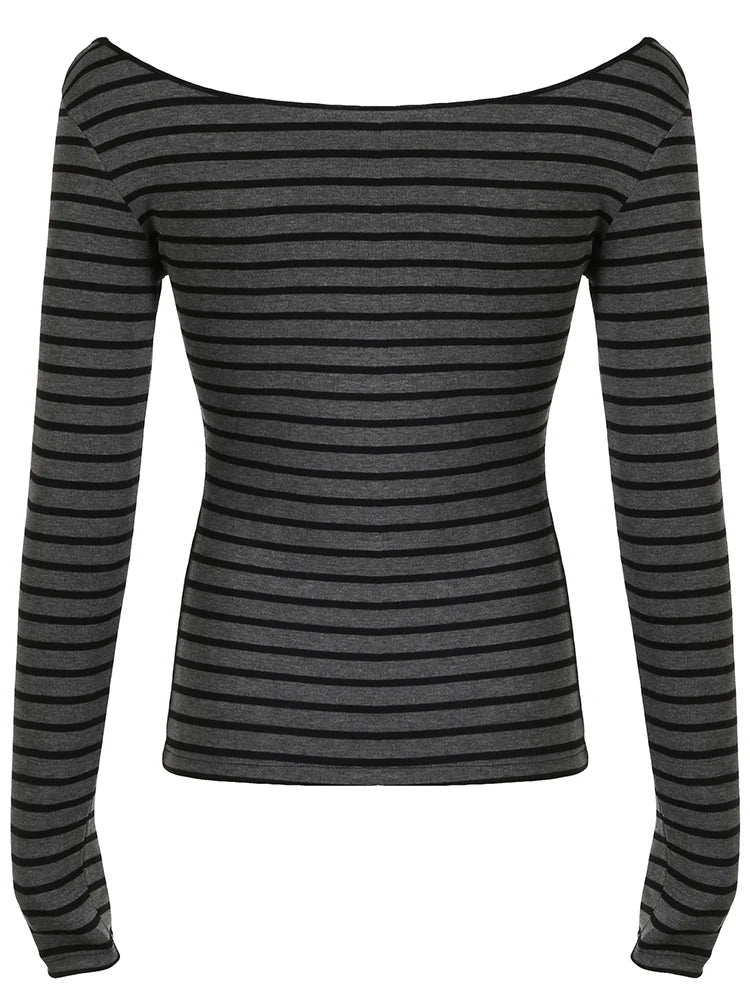 Bxoxo Japanese Basic Slim Long Sleeve Stripe Tee Off Shoulder O Neck Korean Street Style Spring Autumn Y2K Gray T Shirt Women