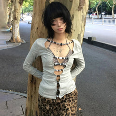 BXOXO Japanese Y2k Hollow Out T-shirt 2000s Aesthetics Long Sleeve Beaded Tops Vintage Harajuku Sexy Streetwear American Retro