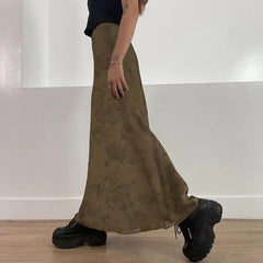 BXOXO Vintage Long Skirt Women Floral Print Low Rise Ladies Midi Skirts Y2K High Street Retro Aesthetic Casual Mesh Skirts