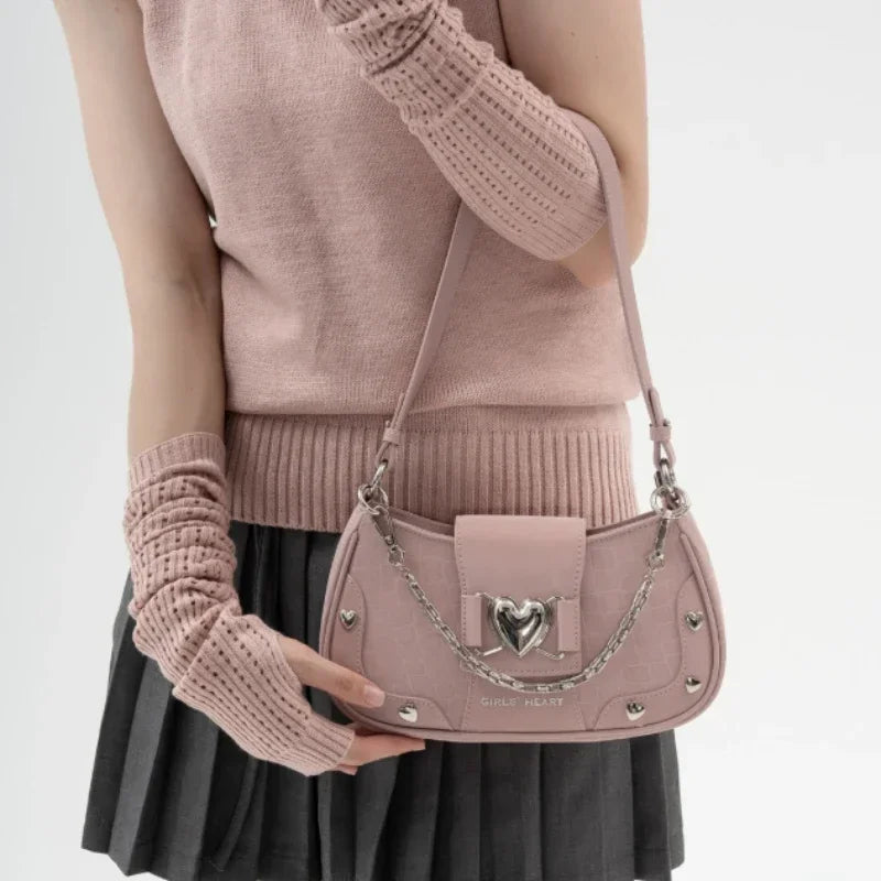 BXOXO Y2k Sweet Cool Women Shoulder Bag Heart Rivets Chain Fashion Handbag Korean Style Elegant Literary Designer Crossbody Bag