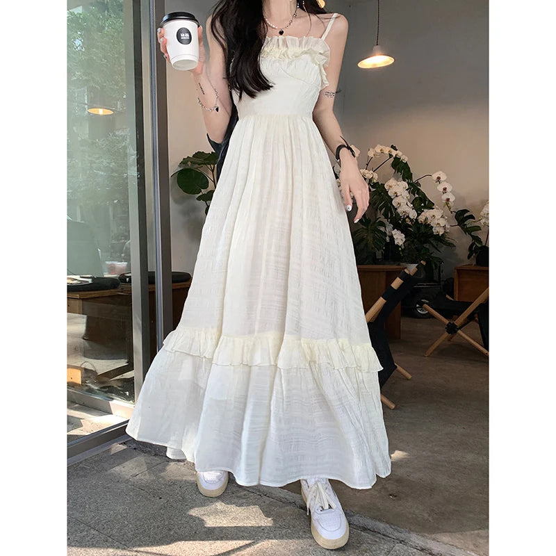 Bxoxo Vintage Ruffle Dress Women Korean Solid Sweet Elegant Preppy Midi Dress Summer Casual Sleeveless Spaghetti Straps A Line Dress
