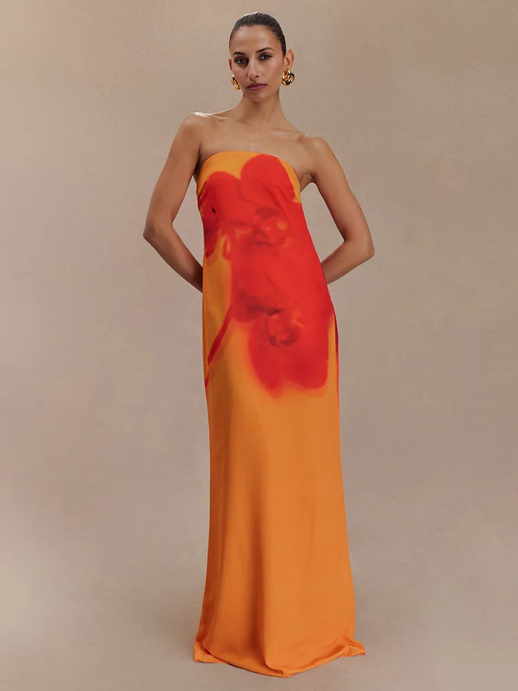 BXOXO Floral Print Strapless Sexy Maxi Dress For Women Gown Off-shoulder Backless Sleeveless Elegant Long Dress Fashion