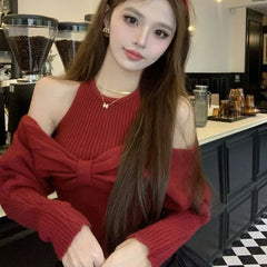 Bxoxo Sexy Off Shoulder Sweater Women Christmas Elegant Manners Bow Solid Two Piece Knit Jumpers Chic Vest Commuter Office Lady Tops