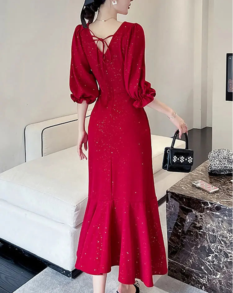 BXOXO Elegant Midi Red Mermaid Dress Women Autumn Korean Sexy V-neck Irregular Sequins Dress Vintage Casual Evening Party Dress