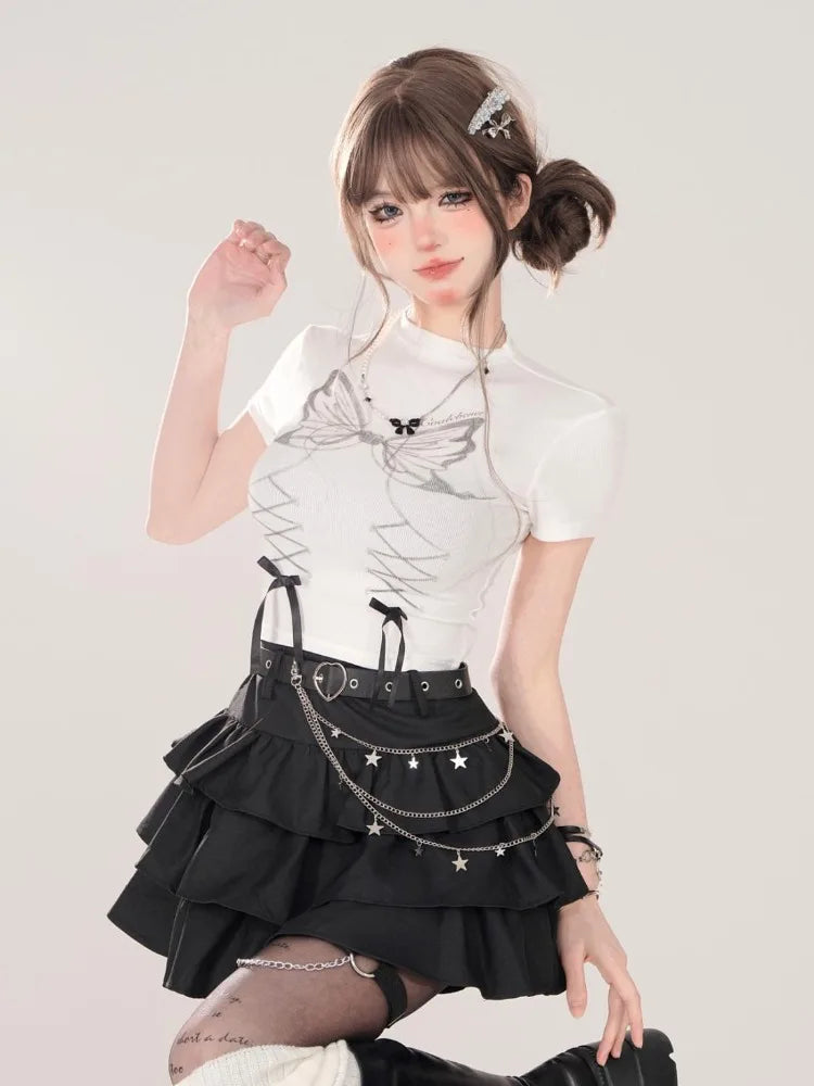 BXOXO Summer Women Lace Up Dark Academia E-girl Japanese Y2k Irregular Midi Pleated Denim Skirt Gyaru Coquette Harajuku 2000s Jean New
