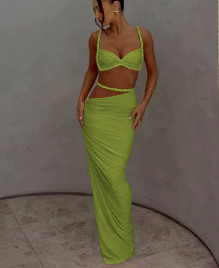 BXOXO Woven Sexy Women 2 Piece Set Stunning Hot Solid Pleated Crop Camisoles+High Waist Maxi Skirts Female Trend Vacation Outfit