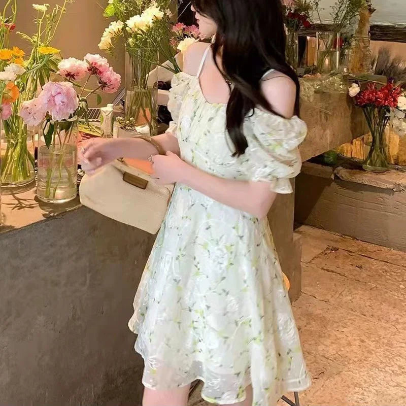 BXOXO Fairycore Floral Embroidery Dresses Female French Temperament Light Green Mini Dress Women Summer Sweet Fresh Puff Sleeve Dress