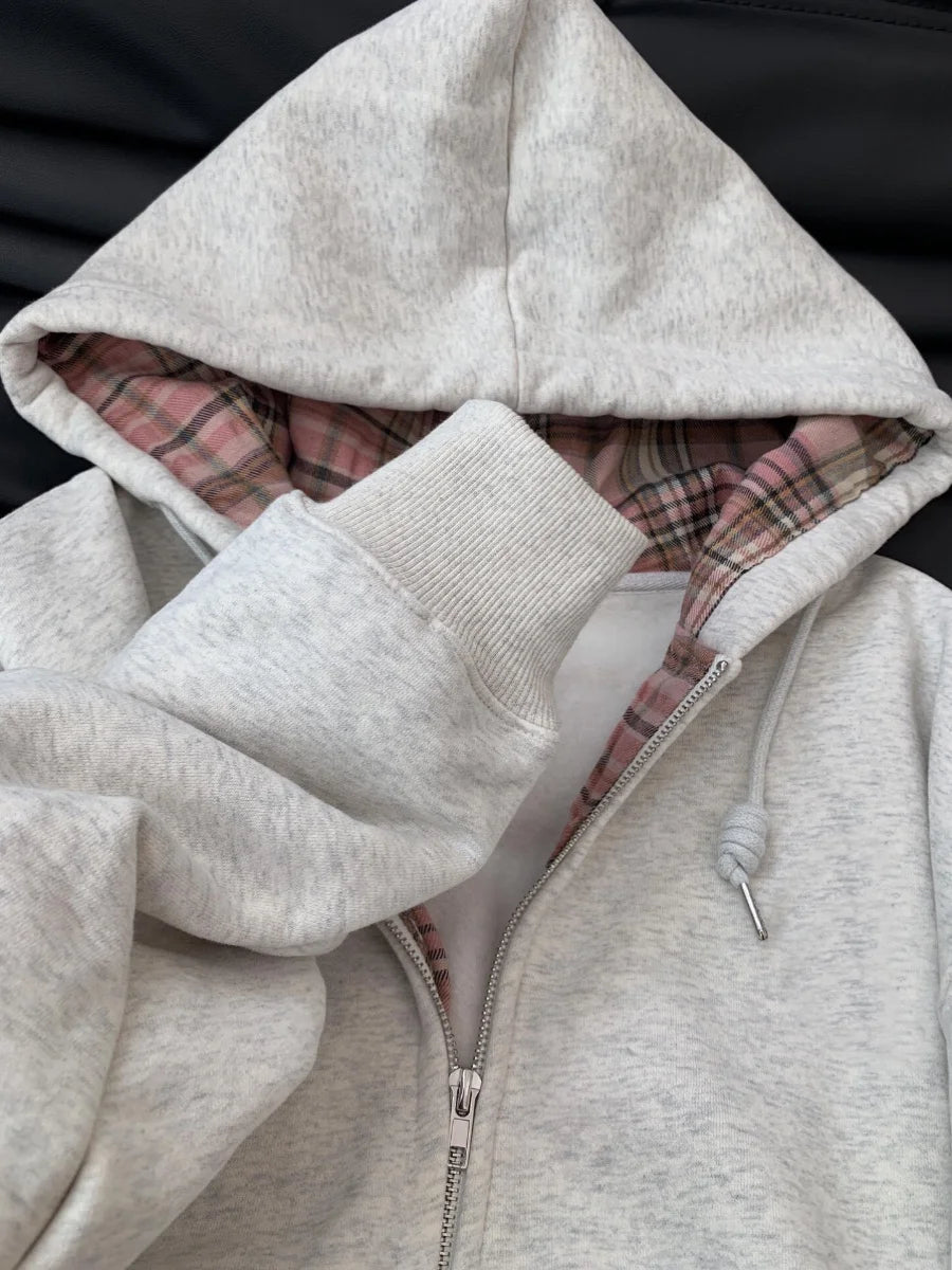 Bxoxo Retro Patchwork Plaid Gray Hoodie Women Autumn Zipper Cardigan Tops Versatile Loose Casual Outerwear Female