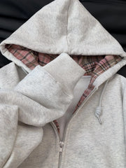 Bxoxo Retro Patchwork Plaid Gray Hoodie Women Autumn Zipper Cardigan Tops Versatile Loose Casual Outerwear Female