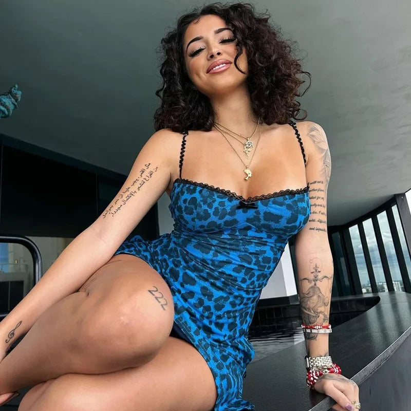 BXOXO Leopard Print Sleeveless Slit Mini Short Dresses Sexy Party Vacation Beach Fashion Summer Y2K Streetwear Casual Clothes