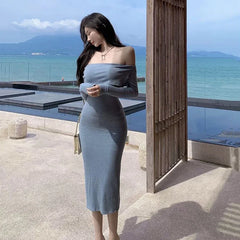 Bxoxo Sexy Slash Neck Midi Dress Women Fall Winter Streetwear Off Shoulder Club Slim Dress Y2K Fashion Long Sleeve Bottoming Vestidos