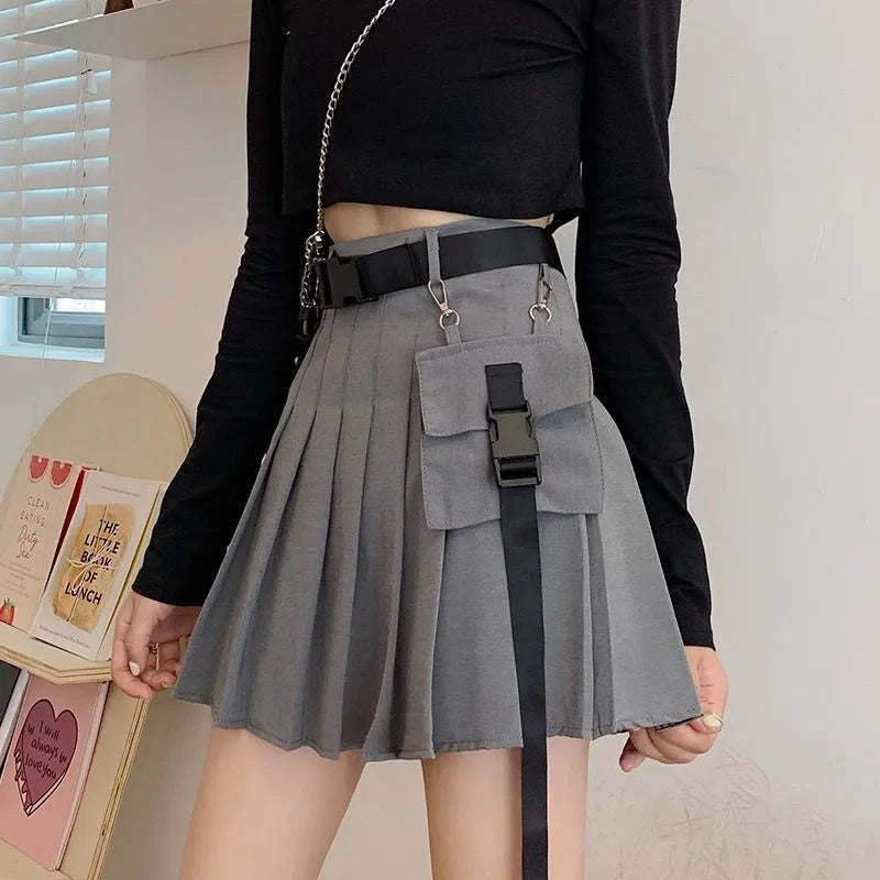 Bxoxo Harajuku Belt Pleated Cargo Skirt Women Fashion Gothic High Waist Pocket Mini Skirts Fashion Summer Lady A Line Black Skirt