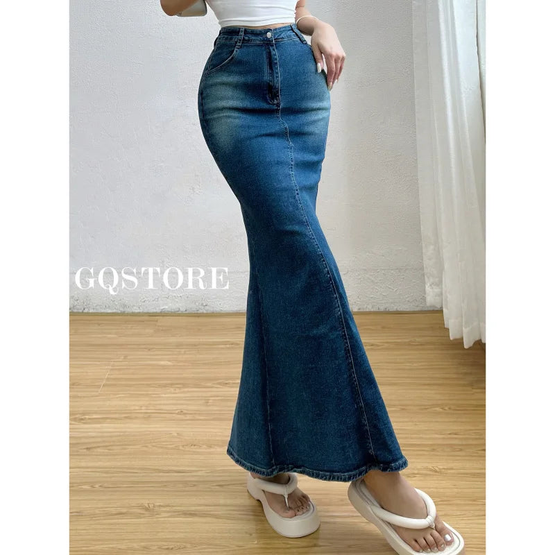 Bxoxo Spicy Girl Washed Denim Fishtail Half Skirt Women Summer High Waist Slim Split Slim Hip Long Skirt Fashion 2023 2Q1K