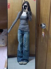 BXOXO Y2k Aesthetics Stripes Button Tops Women Harajuku Slim Fit Casual T-shirt Vintage Sexy Long Sleeve Split Shirts Grunge E-girls