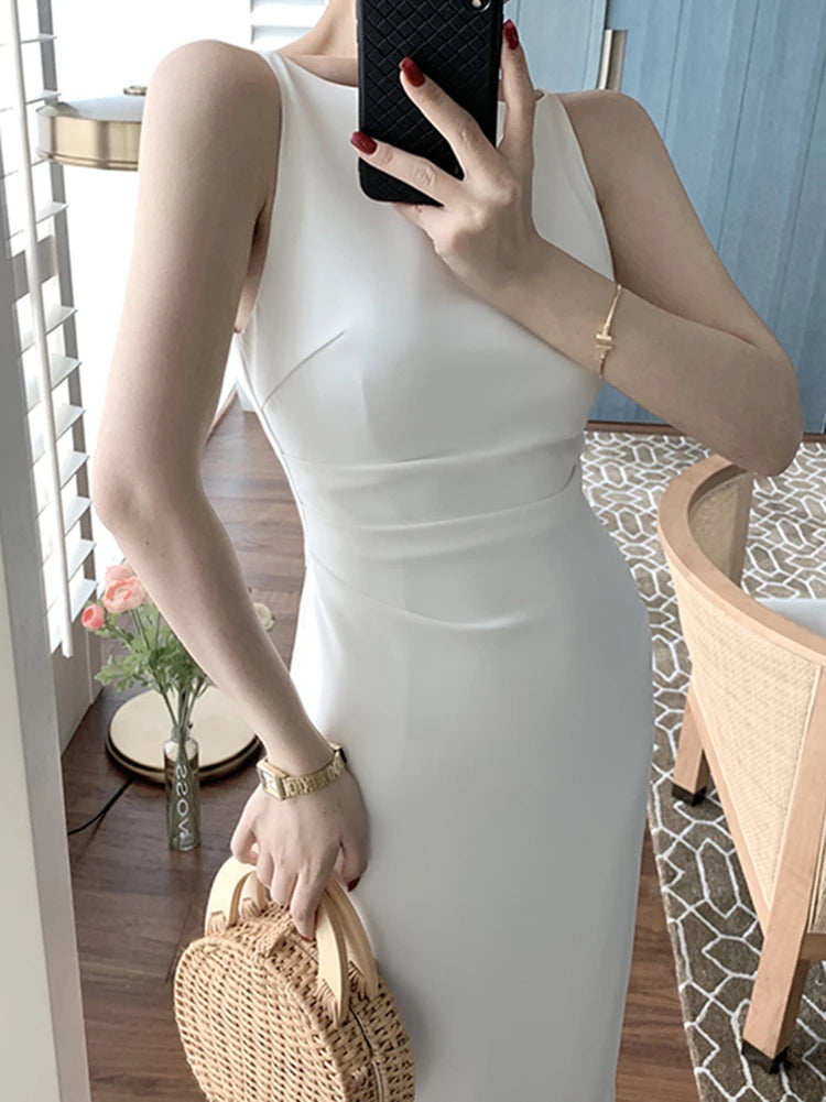 Bxoxo Women's Spaghetti Strap Sleeveless Solid Sexy Dresses Summer New Fashion Office Lady Female Elegant Evening Party Midi Dress