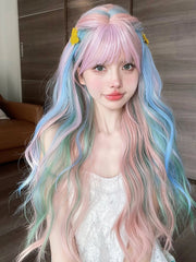 BXOXO 28Inch Iridescent Rainbow Color Multicolour Synthetic Wigs with Bang Long Natural Wavy Hair Wig for Women Cosplay Heat Resistant