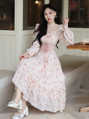 BXOXO Spring Pink Floral Elegant Dress Women Bandage Lace Print Sweet Vintage Dress Puff Sleeve Kawaii Dress Women Princess Fairy