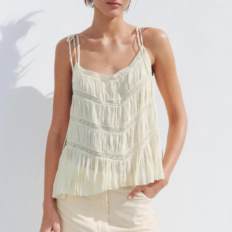 BXOXO Boho Tank Top Y2k Tie Shoulder Cute Flowy Summer Eyelet Tee Lace Patchwork Cami Tops for Women Beach Vacation Clothes