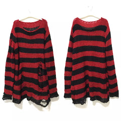 BXOXO New Punk Gothic Long Unisex Sweater Summer Women Striped Cool Hollow Out Hole Broken Jumper Loose Rock Thin Dark Streetwear Top