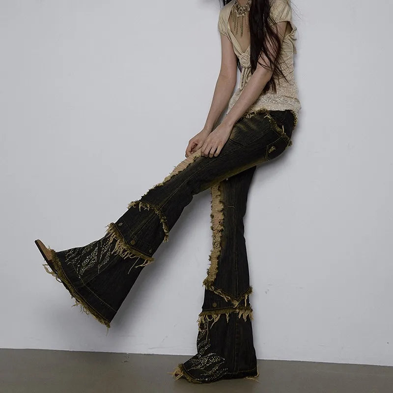 BXOXO Y2k Distressed Flared Jeans Japanese 2000s Style Black Jeans Vintage Gothic Punk High Waist Denim Pant Grunge Aesthetics