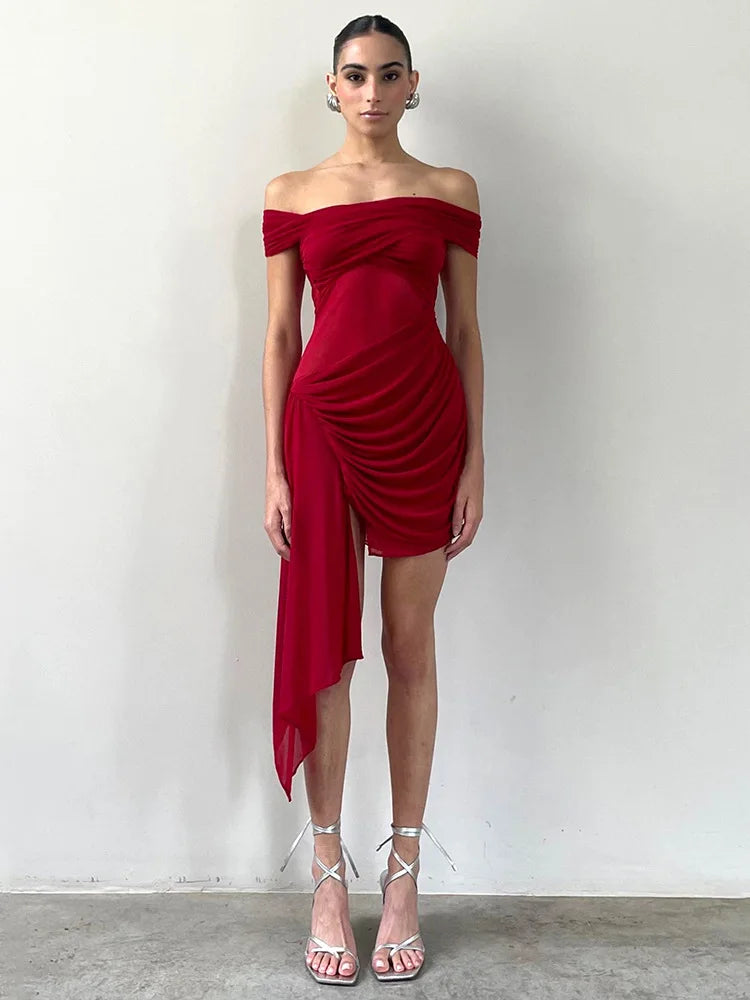 BXOXO Off-shoulder Strapless Sexy Mini Dress For Women Fashion Irregular Mesh Beach Holiday Draped Ruched Bodycon Dress