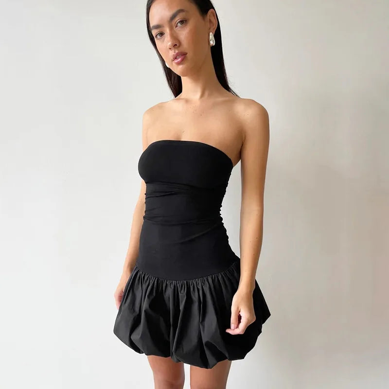 Bxoxo Contrast Color Mini Folds Dress For Women Strapless Sexy Slim Sleeveless Ruched Splice Y2K Beach Female Club Party Dress