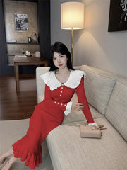 Bxoxo Elegant Ruffled Slim Mermaid Dress Women Autumn New Patchwork Casual Midi Dress Female Korean Long Sleeve Knit Folds Vestidos