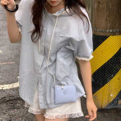 Bxoxo Women's Summer Fre Loose Slimming Japanese Sle Plaid ort Sve irt with Hood Sweet Sle Regular Length Single Button