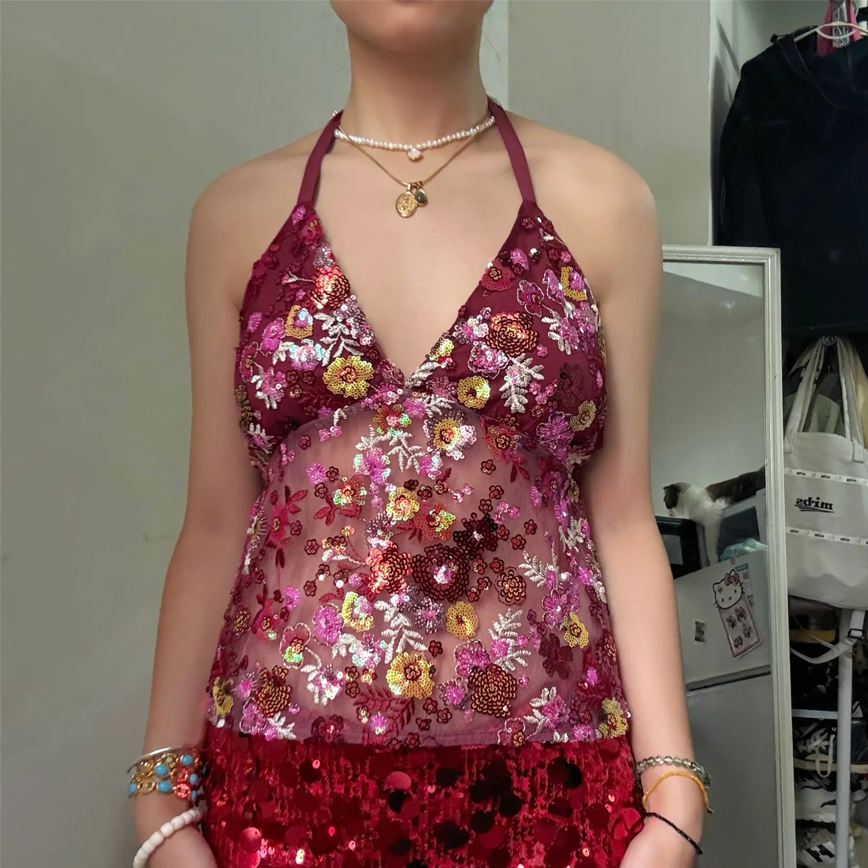 BXOXO Sequin Halter Top for Women Sexy Deep V Neck Beaded Tops Sparkly Glitter Tank Top Going Out Rave Outfits Party Clubwear