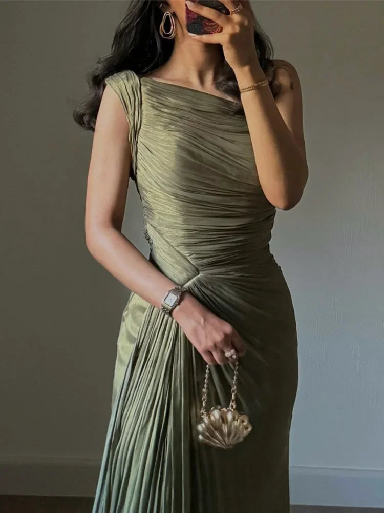 BXOXO  New Spring Summer Elegant Dress Women Fashion Vintage Sexy Dresses Solid Silm Sleeveless Folds Split Midi Dress