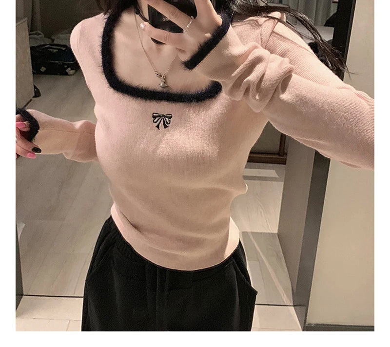 Bxoxo Women Butterfly Embroidered T-shirts Square Neck  Long Sleeve Patchwork Y2K T-Shirts Casual Tees Women Autumn Winter
