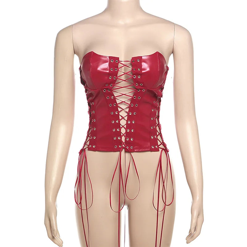 Bxoxo Sexy Gothic Women PU Leather Corsets Bustiers Lace-up Bandage Crown Girdle Slim Waist Back Zipper Strap Corset Tops Curve Shaper