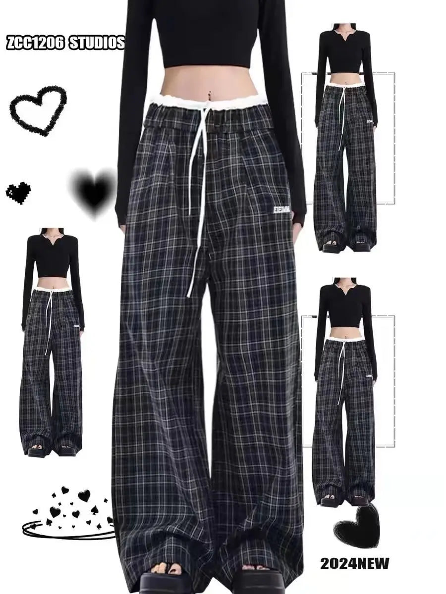 Bxoxo Y2k Vintage Plaid Women's Sweatpants Patchwork Harajuku American Retro Pants Baggy Wide Leg Hip Hop Trousers Autumn
