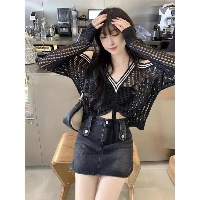 Bxoxo Off Shoulder Hollow Out Shirts Blouses Elegant and Youth Woman Blouse Drawstring Knitted V Neck Tops Vintage Y2k 2022 Fashion