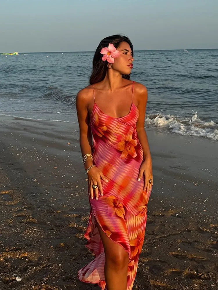 BXOXO Summer Sexy Women Sleeveless V Neck Sling Maxi Dress Fashion Backless Lace-up Printed Vestidos 2025 New Lady Beach Party Dresses