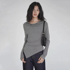 Bxoxo Sexy Slash Neck T Shirt Women Autumn Fashion Irregular Slim Long Sleeve Tops Y2K Korean Chic Folds All Match Female Tees New