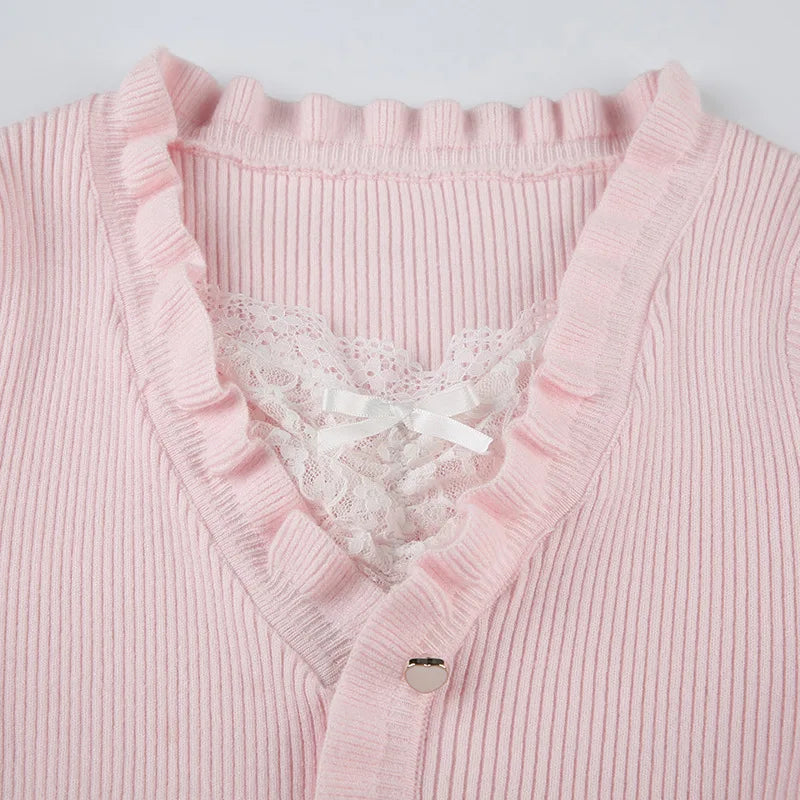 Bxoxo Fairycore Clothing Top y2k Women Ruffle Lace Patchwork Long Sleeve Knitted T Shirt 2000s Coquette Clothes Streetwear
