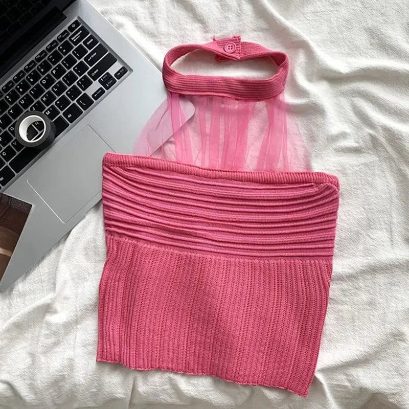 Bxoxo Mesh Halter Neck Knitted Crop Camis Women Y2K Korean Fashion Streetwear Sexy Hot Girl Knit Vest Chic Slim Pullover Tops New