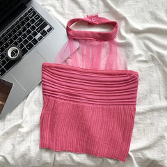 Bxoxo Mesh Halter Neck Knitted Crop Camis Women Y2K Korean Fashion Streetwear Sexy Hot Girl Knit Vest Chic Slim Pullover Tops New
